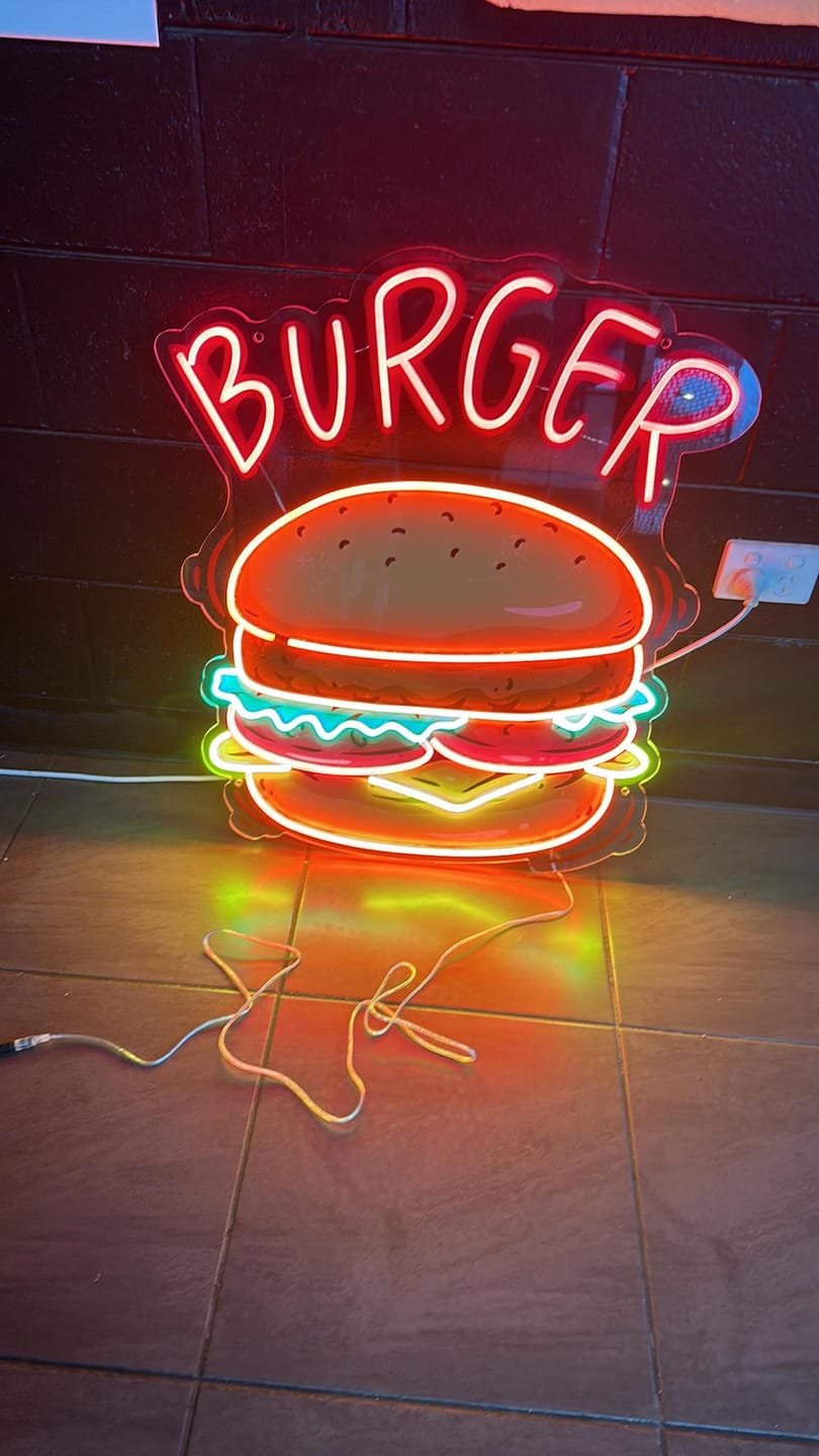 Néon LED burger pour restaurant – Neonverse Maroc | burger LED neon sign